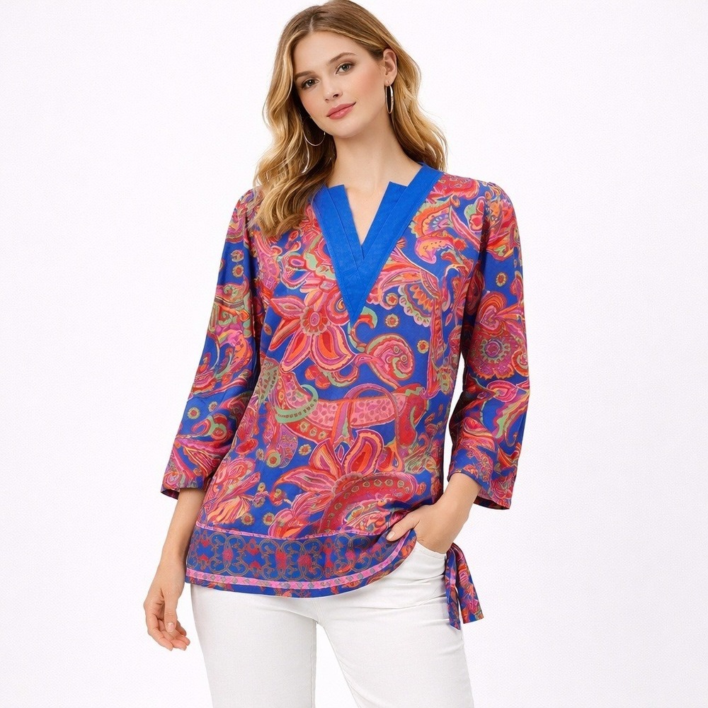 Diane Freis Silk Blouse Womens Medium Blue Paisley Vintage 80s Excellent Tie Hem